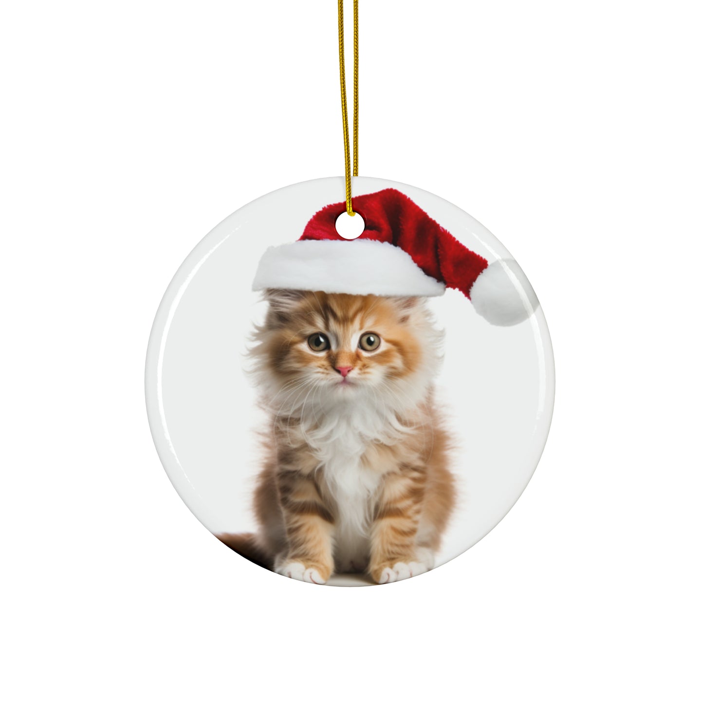 DistinctInk Hanging Ceramic Christmas Tree Ornament with Gold String - Great Gift/Present - 2 3/4 inch Diameter - LaPerm Cat Design