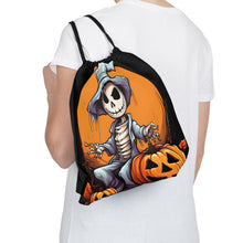 DistinctInk Drawstring Bag / Backpack with Haunted Jack-O'-Skeleton Design for Halloween