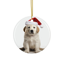 DistinctInk Hanging Ceramic Christmas Tree Ornament with Gold String - Great Gift/Present - 2 3/4 inch Diameter - Great Pyrenee Puppy Design