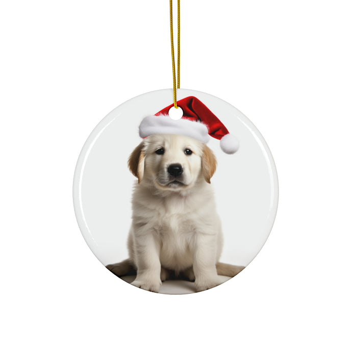 DistinctInk Hanging Ceramic Christmas Tree Ornament with Gold String - Great Gift/Present - 2 3/4 inch Diameter - Great Pyrenee Puppy Design