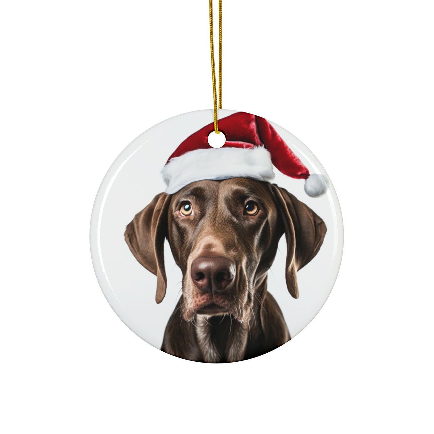 DistinctInk Hanging Ceramic Christmas Tree Ornament with Gold String - Great Gift/Present - 2 3/4 inch Diameter - Plott Hound Design