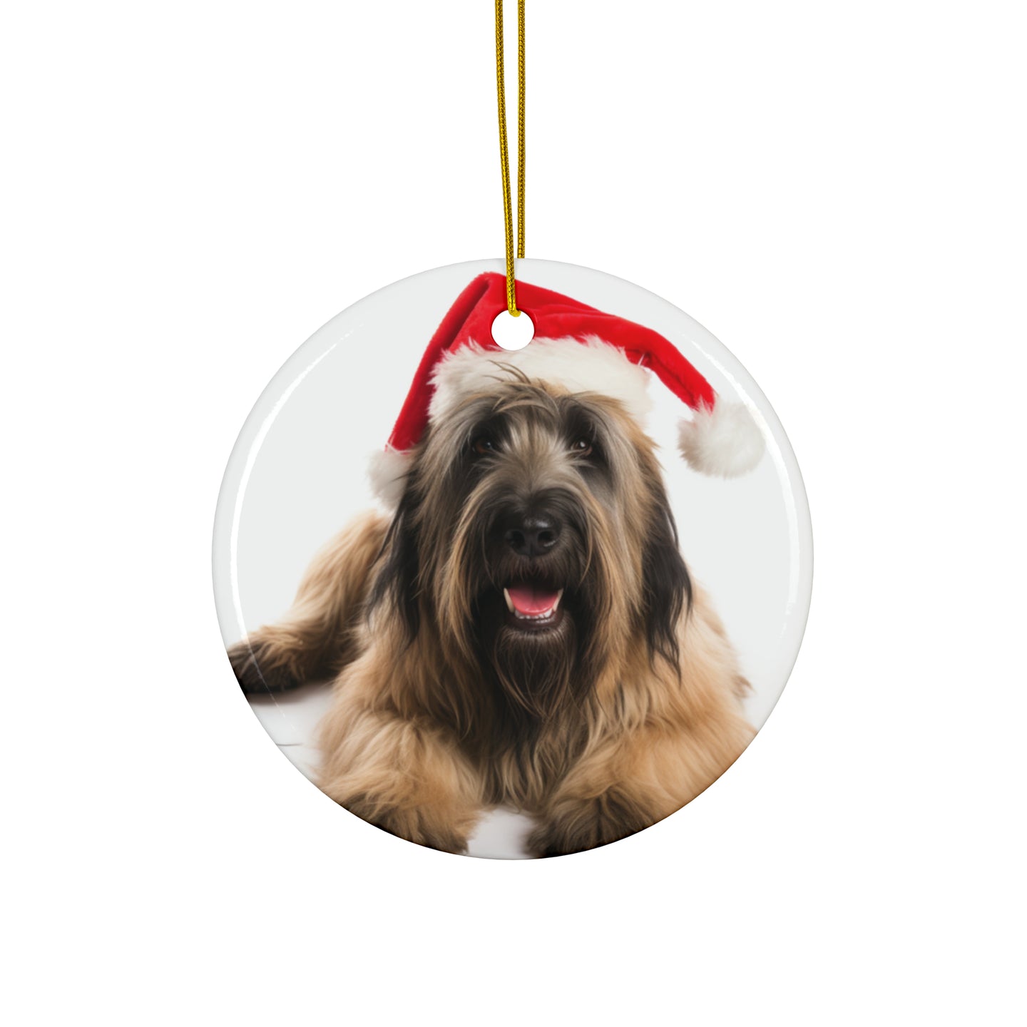 DistinctInk Hanging Ceramic Christmas Tree Ornament with Gold String - Great Gift/Present - 2 3/4 inch Diameter - Briard Design