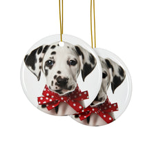 DistinctInk Hanging Ceramic Christmas Tree Ornament with Gold String - Great Gift/Present - 2 3/4 inch Diameter - Dalmatian Puppy Design