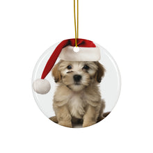 DistinctInk Hanging Ceramic Christmas Tree Ornament with Gold String - Great Gift/Present - 2 3/4 inch Diameter - Dandie Dinmont Terrier Puppy Design