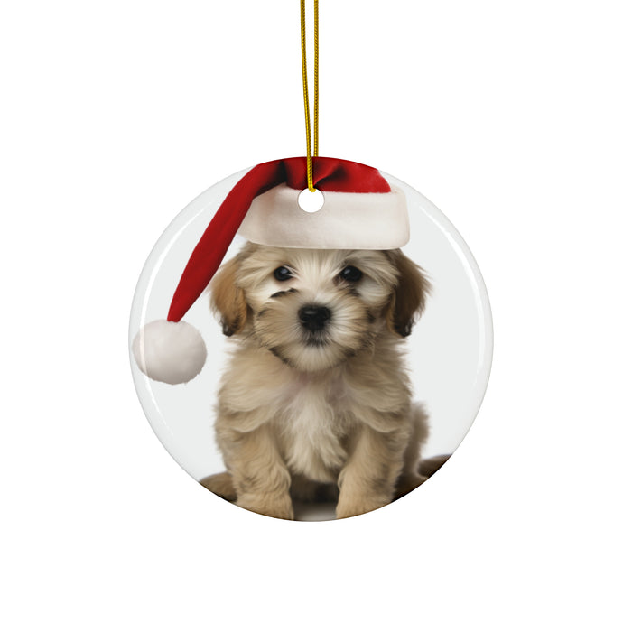 DistinctInk Hanging Ceramic Christmas Tree Ornament with Gold String - Great Gift/Present - 2 3/4 inch Diameter - Dandie Dinmont Terrier Puppy Design