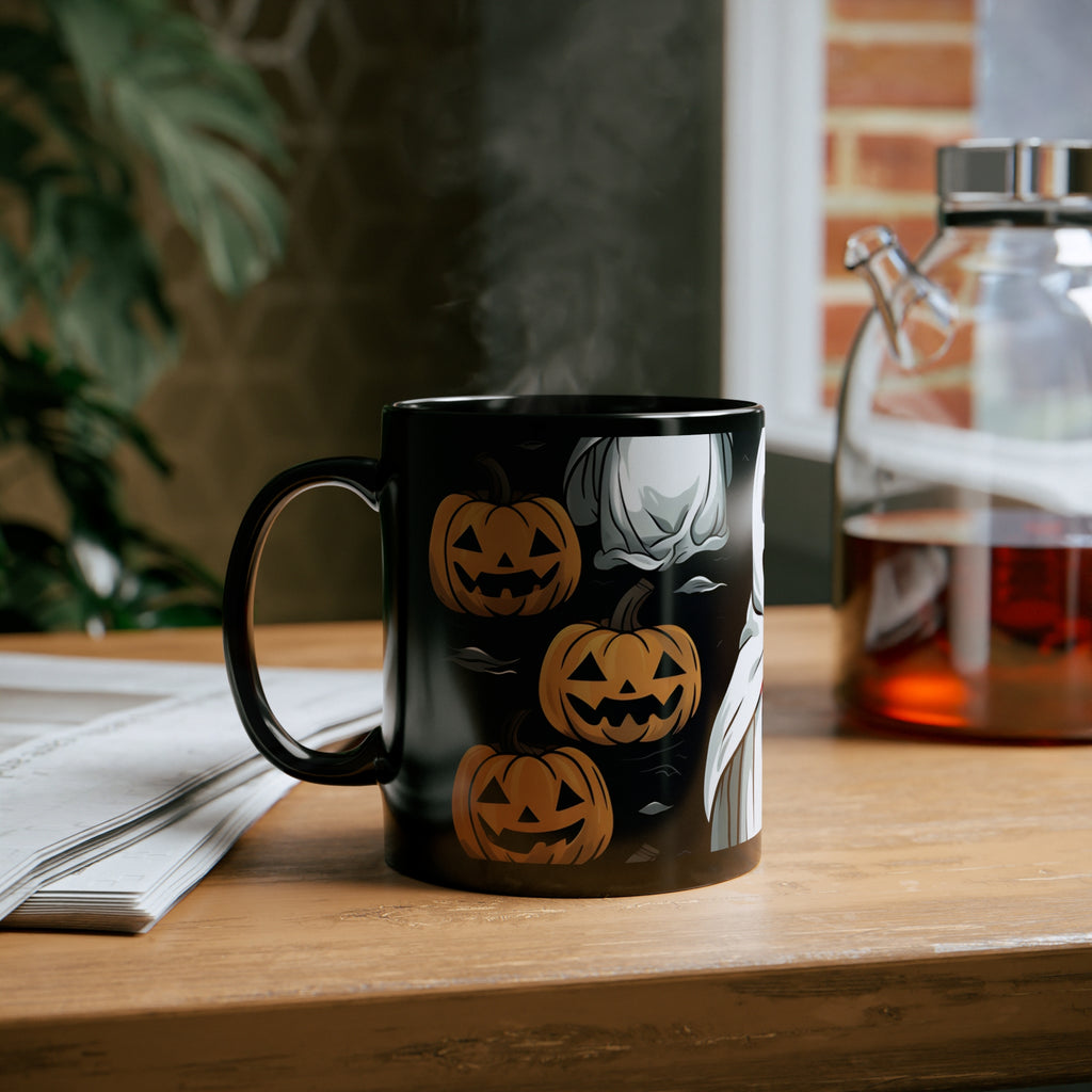Black Coffee Mug - Skelepumpkin Ghostpattern for Halloween, view 6