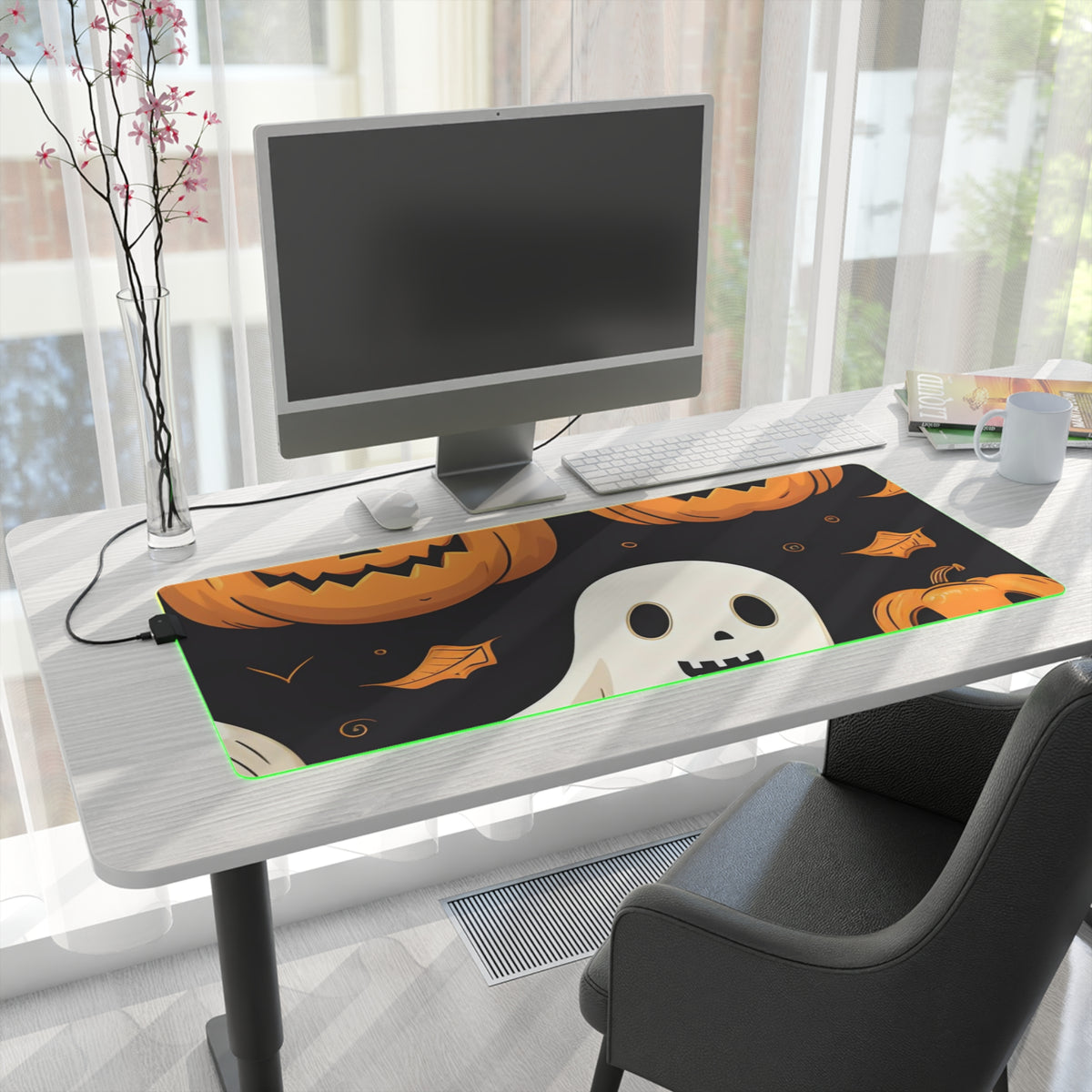 LED Gaming Mouse Pad with Ghastly Skeleton Pumpkin Party Design for Halloween, view 28