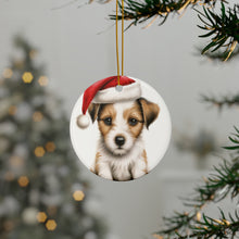 DistinctInk Hanging Ceramic Christmas Tree Ornament with Gold String - Great Gift/Present - 2 3/4 inch Diameter - Parson Russell Terrier Puppy Drawing Design