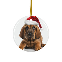 DistinctInk Hanging Ceramic Christmas Tree Ornament with Gold String - Great Gift/Present - 2 3/4 inch Diameter - Bloodhound Puppy Design