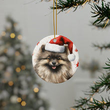 DistinctInk Hanging Ceramic Christmas Tree Ornament with Gold String - Great Gift/Present - 2 3/4 inch Diameter - Keeshonden Design