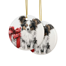 DistinctInk Hanging Ceramic Christmas Tree Ornament with Gold String - Great Gift/Present - 2 3/4 inch Diameter - Papillon Puppy Drawing Design