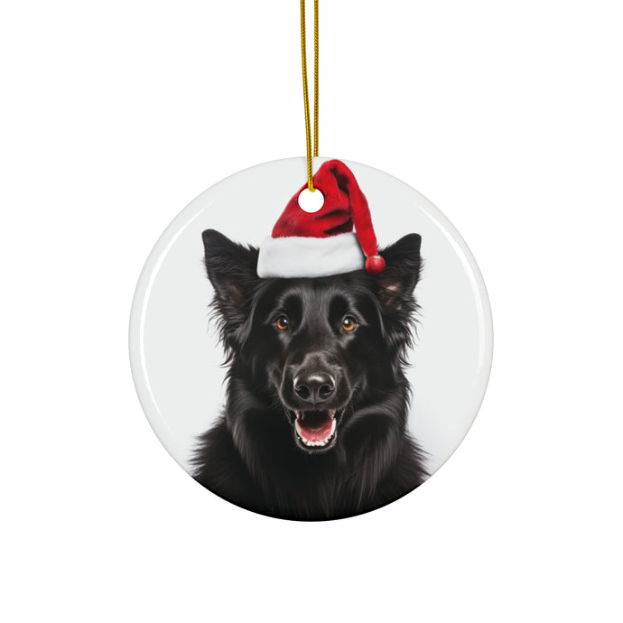 DistinctInk Hanging Ceramic Christmas Tree Ornament with Gold String - Great Gift/Present - 2 3/4 inch Diameter - Belgian Sheepdog Design