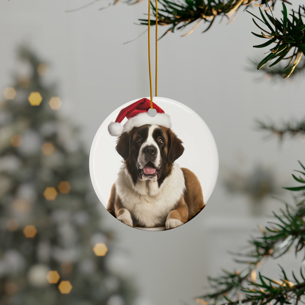 Hanging Ceramic Christmas Tree Ornament with Gold String - St. Bernard Design, view 3