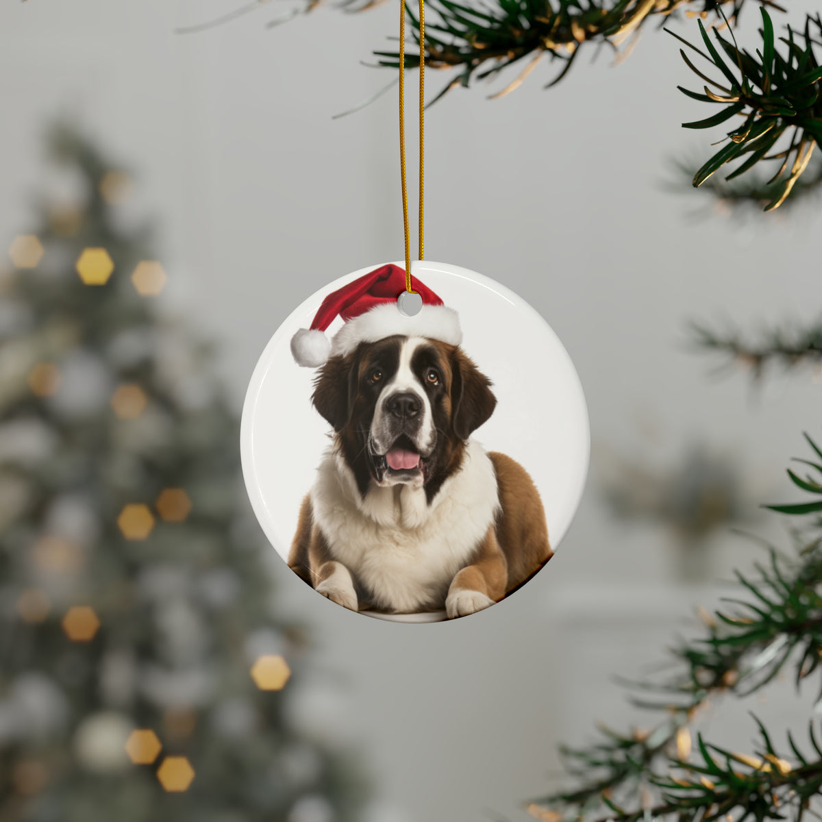 Hanging Ceramic Christmas Tree Ornament with Gold String - St. Bernard Design, view 3