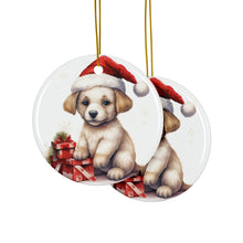 DistinctInk Hanging Ceramic Christmas Tree Ornament with Gold String - Great Gift/Present - 2 3/4 inch Diameter - Russian Toy Puppy Drawing Design