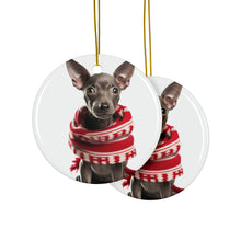 DistinctInk Hanging Ceramic Christmas Tree Ornament with Gold String - Great Gift/Present - 2 3/4 inch Diameter - Xoloitzcuintli Puppy Design