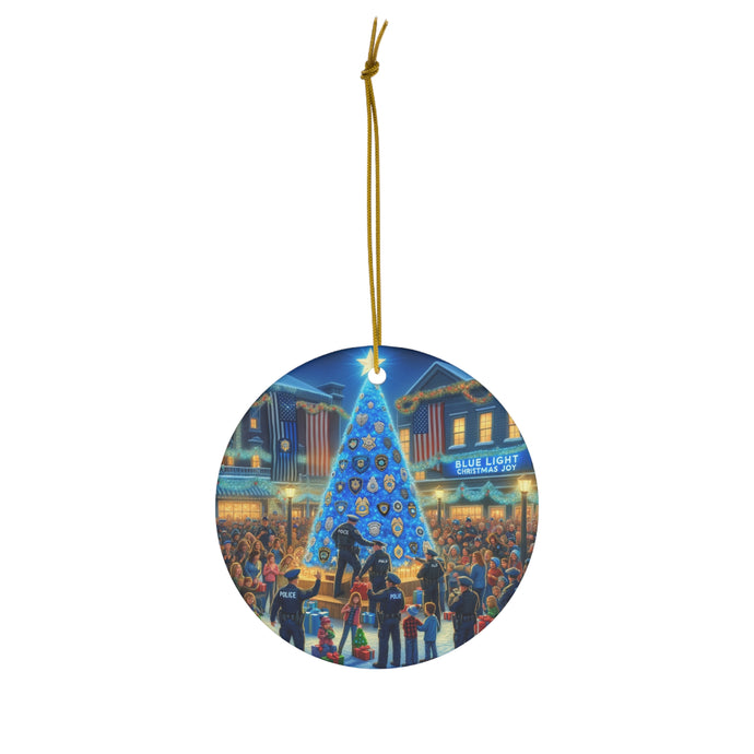 DistinctInk Hanging Ceramic Christmas Tree Ornament Charm with Gold String - Great Gift/Present - 2 3/4 inch Diameter - Blue Light Christmas Joy - Blue Lives Matter