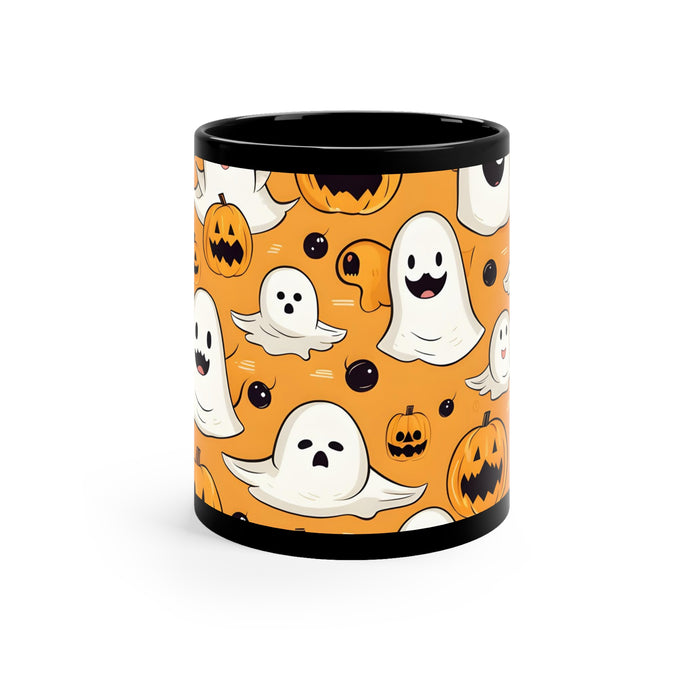 DistinctInk Black Coffee Mug - Ghoulish Bats and Pumpkins for Halloween