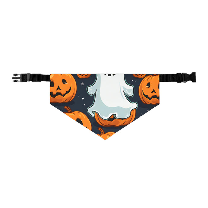 DistinctInk Adjustable Pet Banana Collar with Ghost Skeleton Spooky Pumpkins Design for Halloween