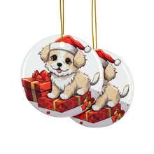 DistinctInk Hanging Ceramic Christmas Tree Ornament with Gold String - Great Gift/Present - 2 3/4 inch Diameter - Pumik Puppy Drawing Design