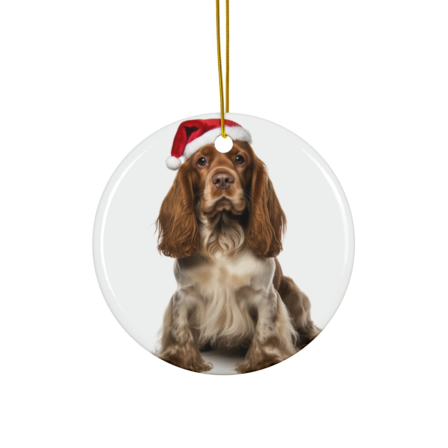DistinctInk Hanging Ceramic Christmas Tree Ornament with Gold String - Great Gift/Present - 2 3/4 inch Diameter - English Cocker Spaniel Design