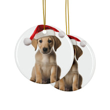 DistinctInk Hanging Ceramic Christmas Tree Ornament with Gold String - Great Gift/Present - 2 3/4 inch Diameter - Sloughi Puppy Design