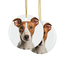 DistinctInk Hanging Ceramic Christmas Tree Ornament with Gold String - Great Gift/Present - 2 3/4 inch Diameter - Ibizan Hound Puppy Design