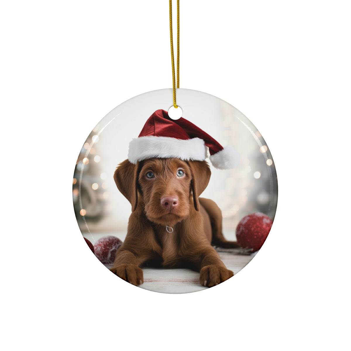 Hanging Ceramic Christmas Tree Ornament with Gold String - Wirehaired Vizsla Puppy Design