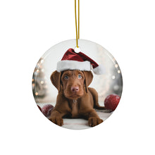 DistinctInk Hanging Ceramic Christmas Tree Ornament with Gold String - Great Gift/Present - 2 3/4 inch Diameter - Wirehaired Vizsla Puppy Design