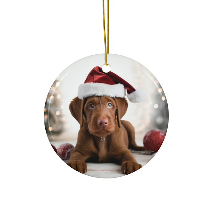 DistinctInk Hanging Ceramic Christmas Tree Ornament with Gold String - Great Gift/Present - 2 3/4 inch Diameter - Wirehaired Vizsla Puppy Design