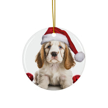 DistinctInk Hanging Ceramic Christmas Tree Ornament with Gold String - Great Gift/Present - 2 3/4 inch Diameter - Clumber Spaniel Puppy Design