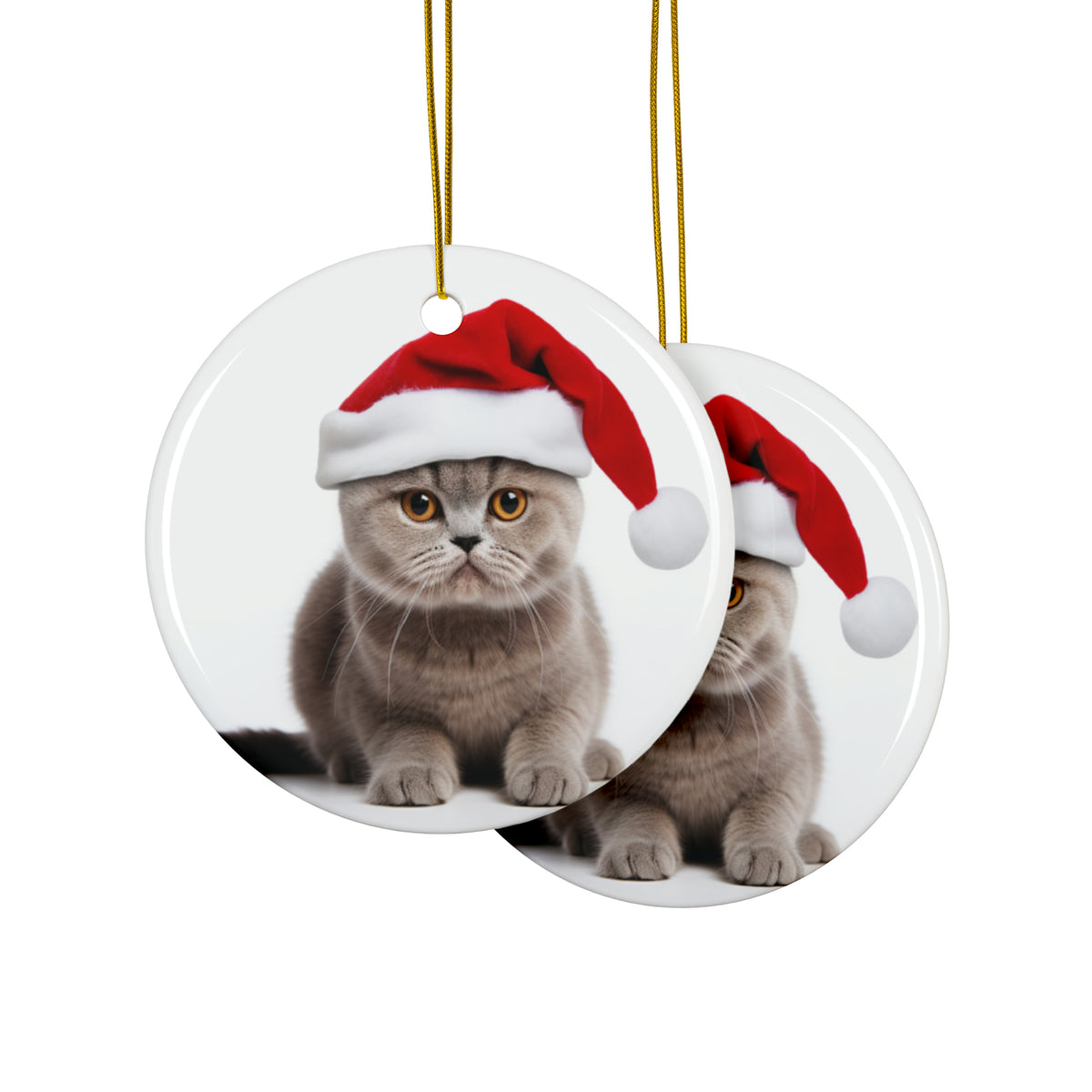 Hanging Ceramic Christmas Tree Ornament with Gold String - Scottish Fold Cat Design, view 2
