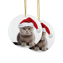 DistinctInk Hanging Ceramic Christmas Tree Ornament with Gold String - Great Gift/Present - 2 3/4 inch Diameter - Scottish Fold Cat Design