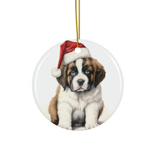 DistinctInk Hanging Ceramic Christmas Tree Ornament with Gold String - Great Gift/Present - 2 3/4 inch Diameter - St. Bernard Puppy Drawing Design