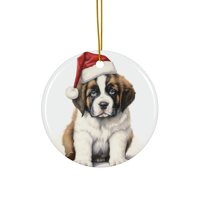 DistinctInk Hanging Ceramic Christmas Tree Ornament with Gold String - Great Gift/Present - 2 3/4 inch Diameter - St. Bernard Puppy Drawing Design