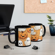DistinctInk Black Coffee Mug - Ghostly Skeleton Pumpkin Patch for Halloween