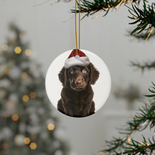 DistinctInk Hanging Ceramic Christmas Tree Ornament with Gold String - Great Gift/Present - 2 3/4 inch Diameter - Curly-Coated Retriever Puppy Design