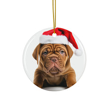DistinctInk Hanging Ceramic Christmas Tree Ornament with Gold String - Great Gift/Present - 2 3/4 inch Diameter - Dogue de Bordeaux Puppy Design