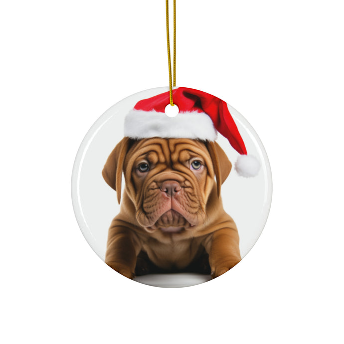 DistinctInk Hanging Ceramic Christmas Tree Ornament with Gold String - Great Gift/Present - 2 3/4 inch Diameter - Dogue de Bordeaux Puppy Design