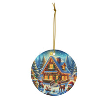 DistinctInk Hanging Ceramic Christmas Tree Ornament Charm with Gold String - Great Gift/Present - 2 3/4 inch Diameter - Enchanted Winter Cottage