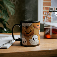 DistinctInk Black Coffee Mug - Ghostly Skeleton Pumpkin Patch for Halloween