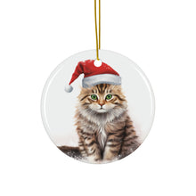DistinctInk Hanging Ceramic Christmas Tree Ornament with Gold String - Great Gift/Present - 2 3/4 inch Diameter - American Bobtail Cat Design