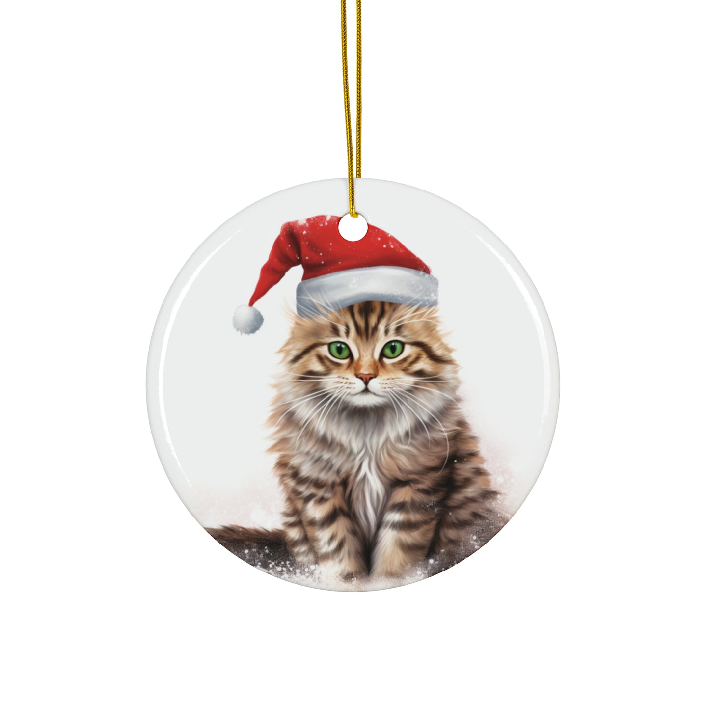 DistinctInk Hanging Ceramic Christmas Tree Ornament with Gold String - Great Gift/Present - 2 3/4 inch Diameter - American Bobtail Cat Design
