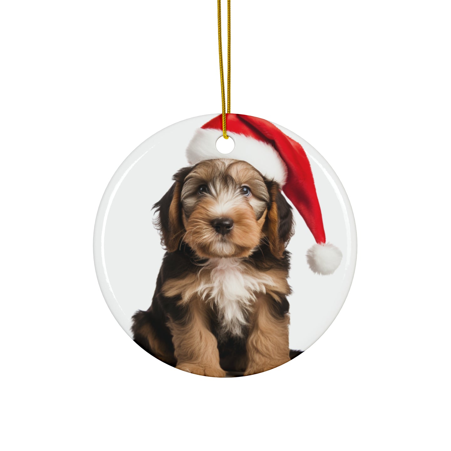 DistinctInk Hanging Ceramic Christmas Tree Ornament with Gold String - Great Gift/Present - 2 3/4 inch Diameter - Otterhound Puppy Design