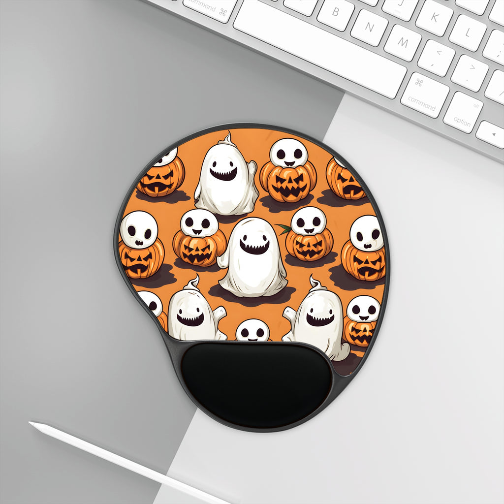 Mouse Pad with Wrist Rest with Skeletal Ghost in a Pumpkin Design for Halloween, view 3