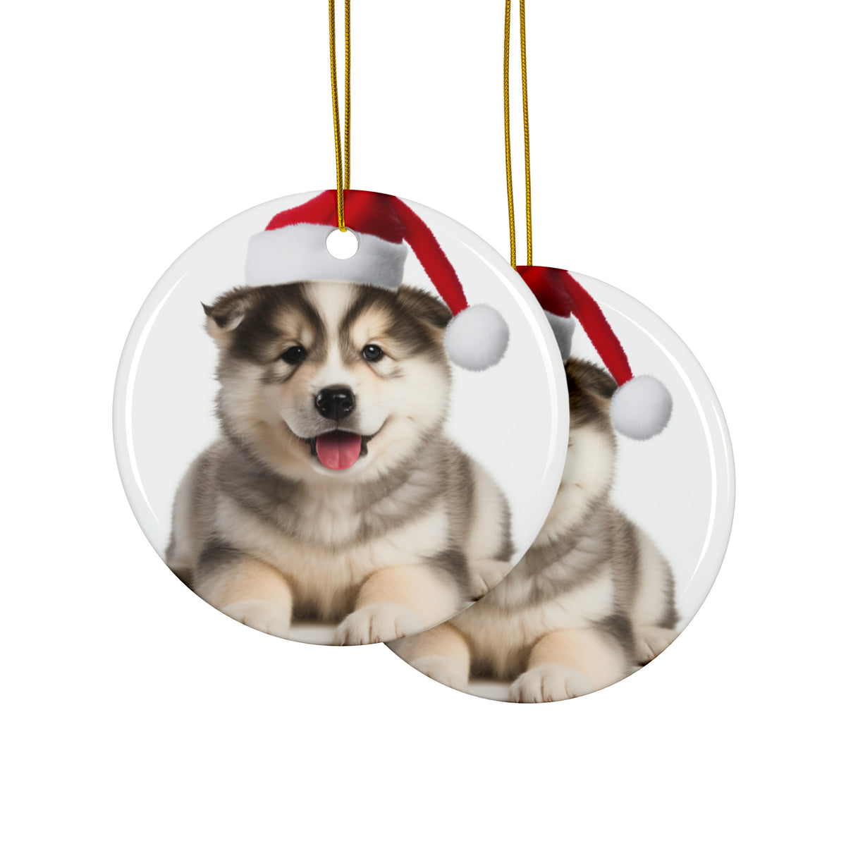 Hanging Ceramic Christmas Tree Ornament with Gold String - Alaskan Malamute Puppy Design, view 2