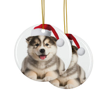 DistinctInk Hanging Ceramic Christmas Tree Ornament with Gold String - Great Gift/Present - 2 3/4 inch Diameter - Alaskan Malamute Puppy Design