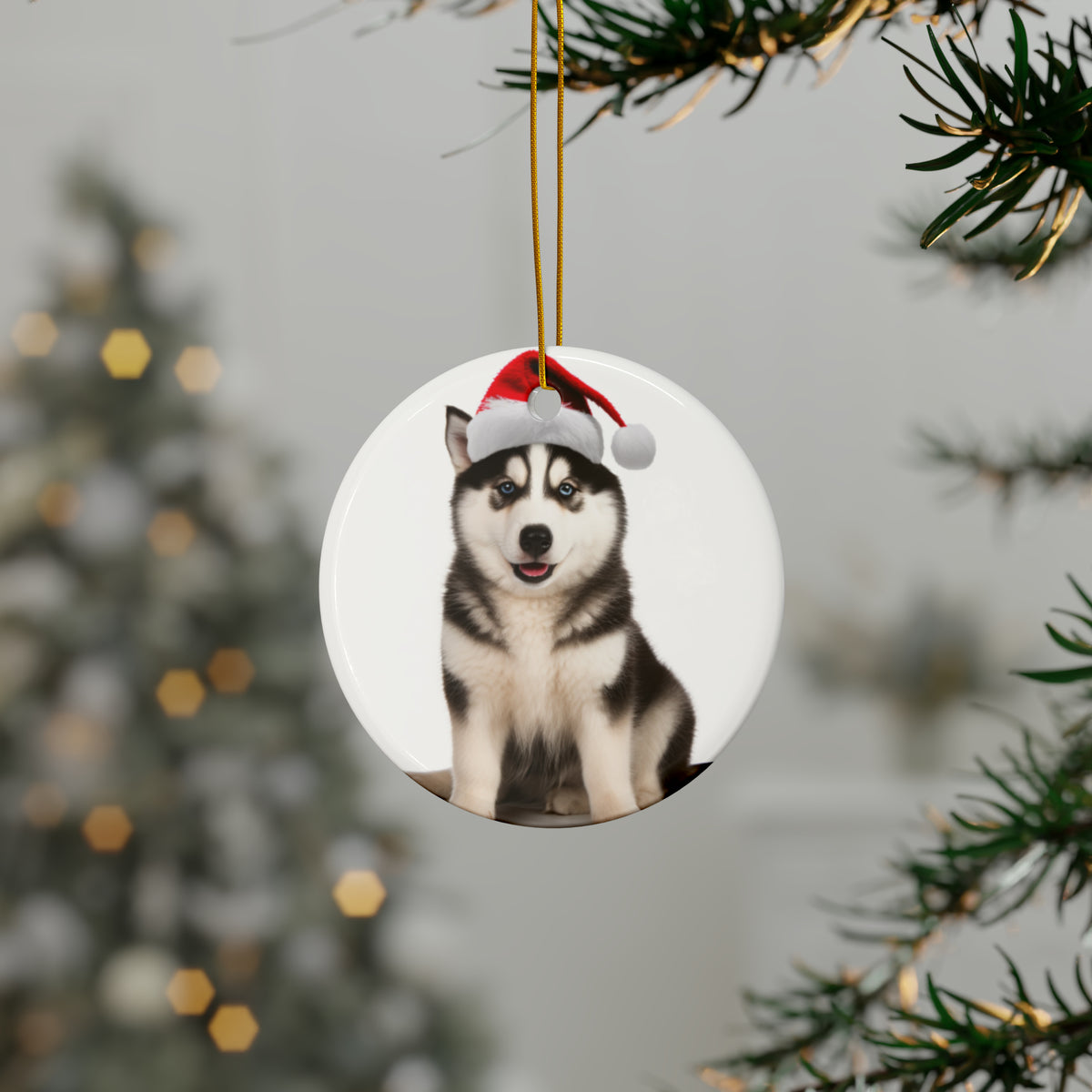 Hanging Ceramic Christmas Tree Ornament with Gold String - Siberian Huskie Design, view 3