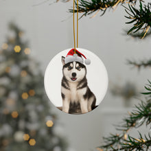DistinctInk Hanging Ceramic Christmas Tree Ornament with Gold String - Great Gift/Present - 2 3/4 inch Diameter - Siberian Huskie Design