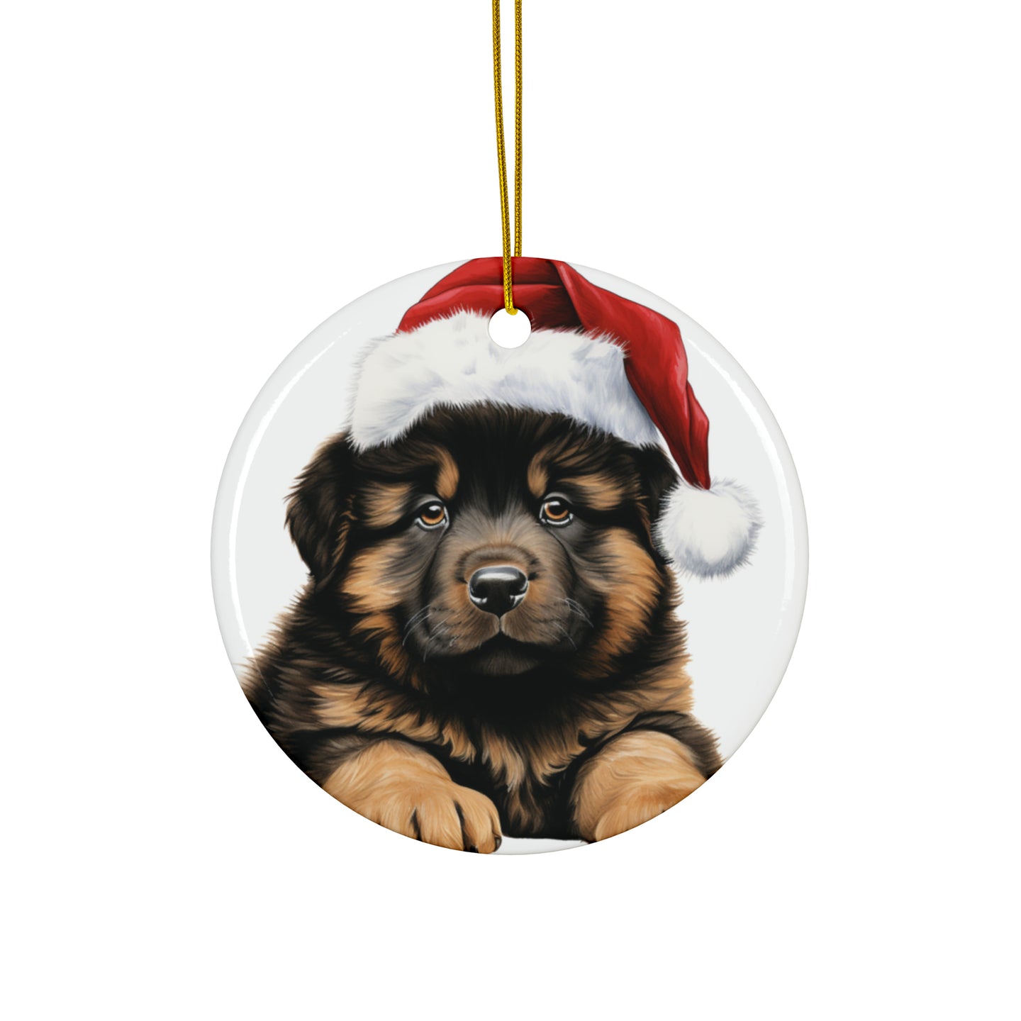 DistinctInk Hanging Ceramic Christmas Tree Ornament with Gold String - Great Gift/Present - 2 3/4 inch Diameter - Tibetan Mastiff Puppy Drawing Design
